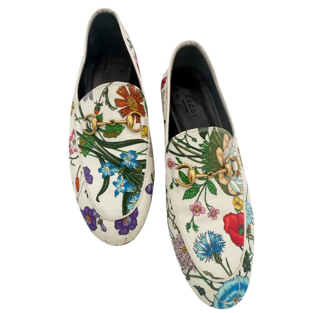 Gucci Jordaan Horsebit Loafer Cream White Floral Canvas Size 37 US 7 Flat Shoe - Picture 15 of 15